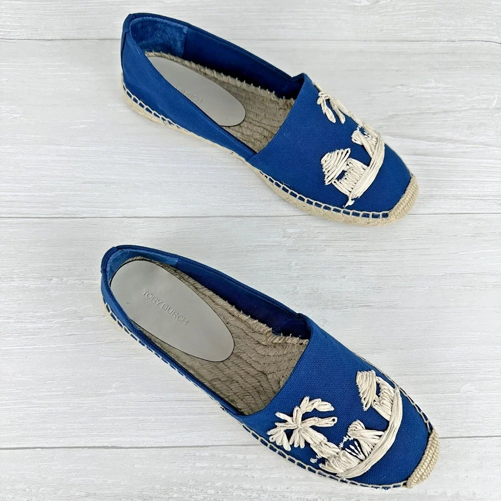 Tory Burch Flat Espadrille Size 8 Raffia‎ Embroidered Straw Blue Tropical Cruise